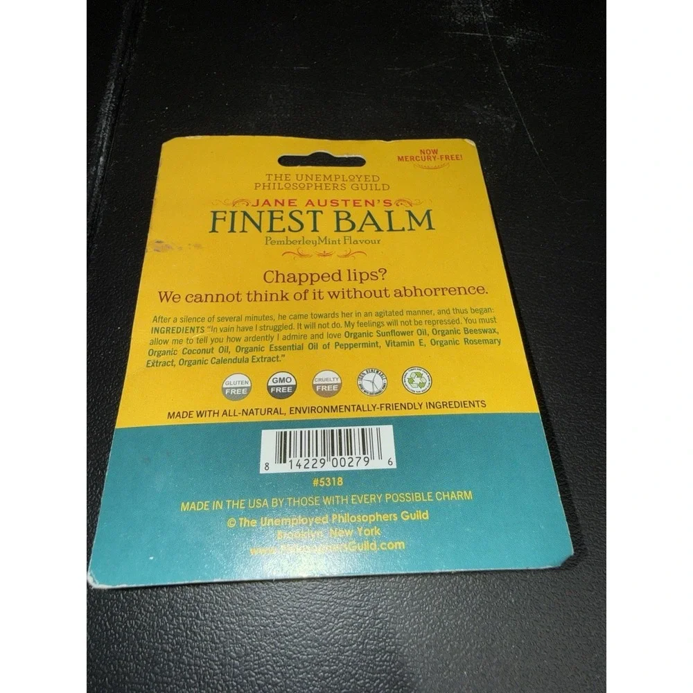Jane Austen's Finest Lip Balm Pemberley‎ Mint Flavor .15 oz USA Made All Natural